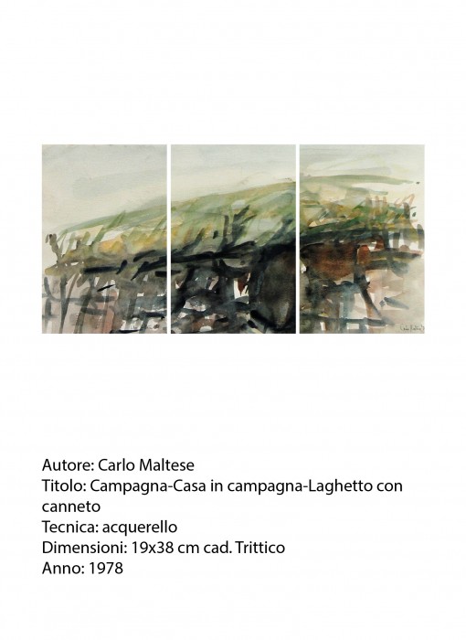 carlo maltese - 1978 - 3 da 19x38 trittico (Campagna-Casa in campagna-Laghetto con canneto) - acquerello-01